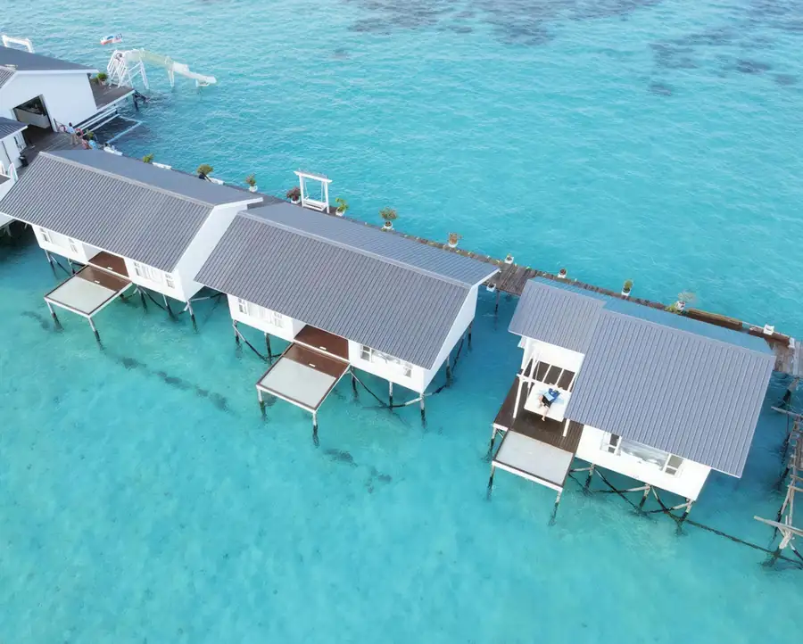 Aerial view of Bubblefish Water Villa overwater villas on Bum Bum Island, Semporna