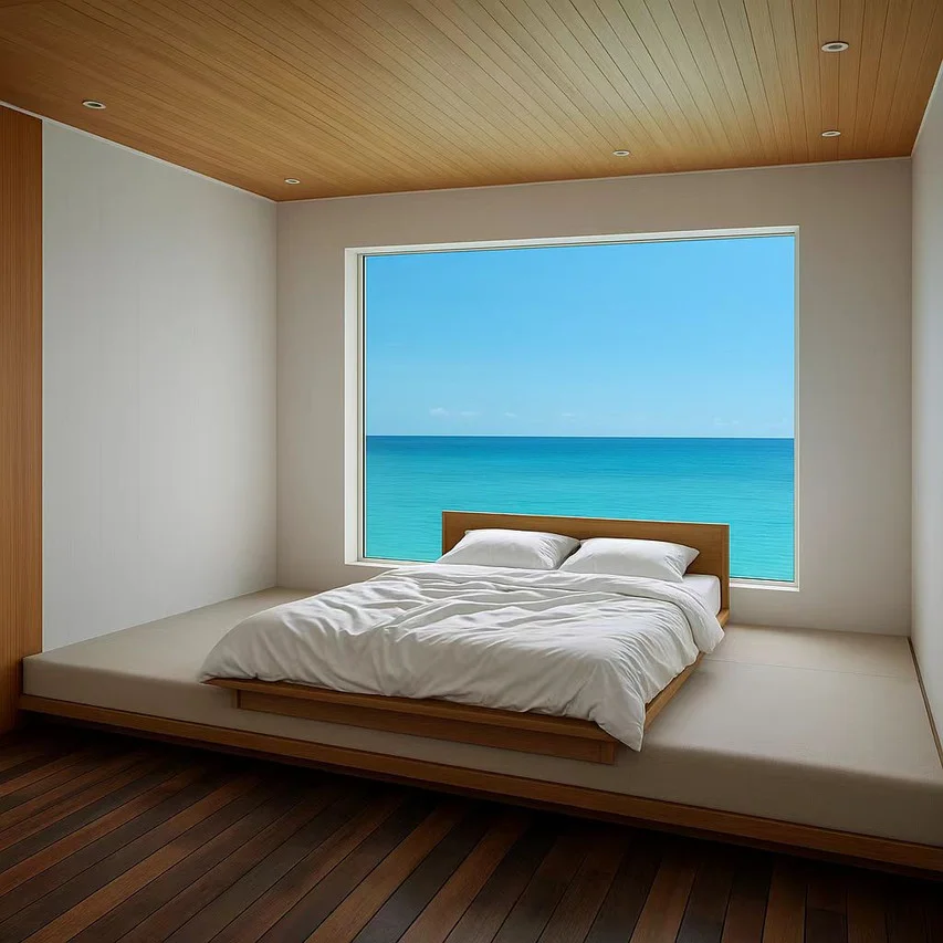 Luxury villa interior with ocean view, Bubblefish Water Villa